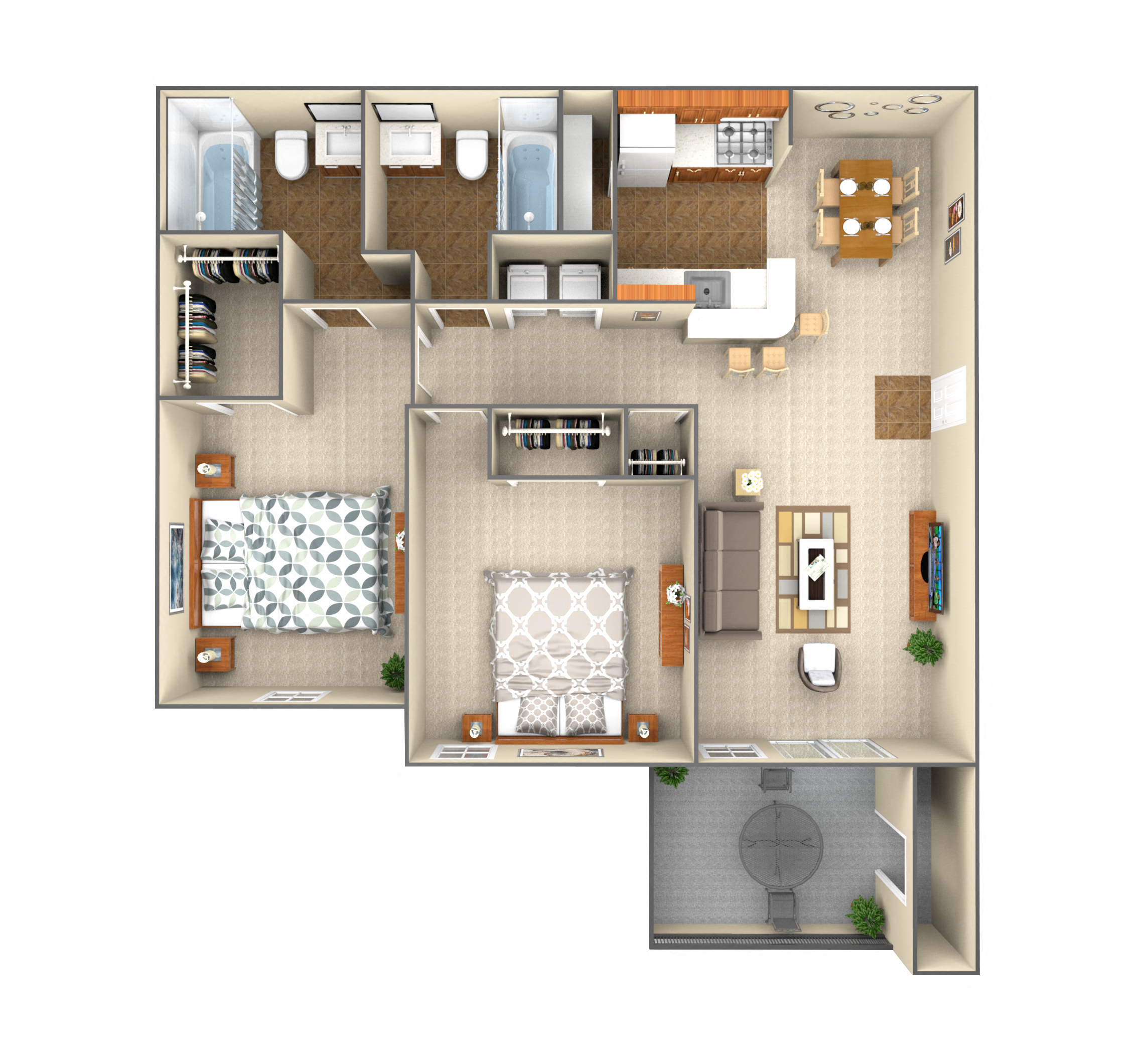Floor plan for 2 beds, 1 bath, 917 sqft